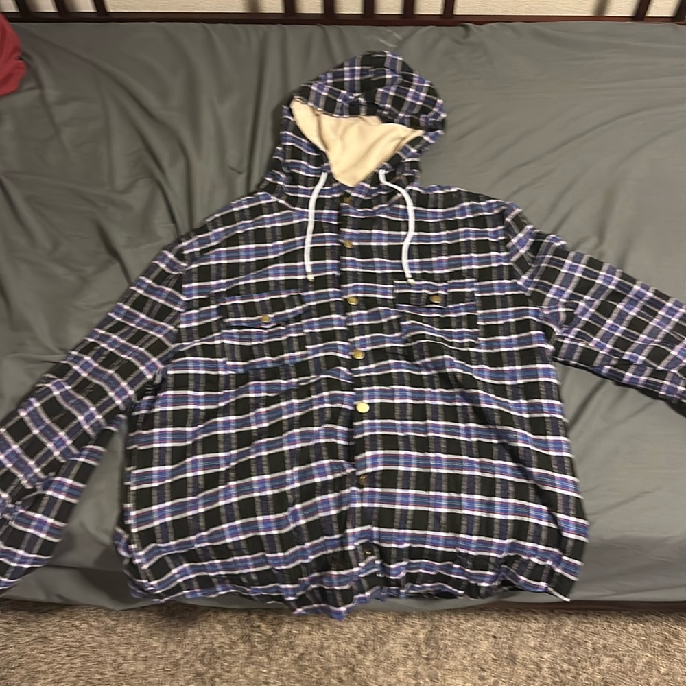 White, black, blue, red plaid button up jacket